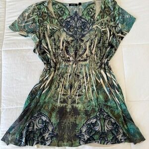 Plus Size Y2K Green & Blue Fairycore Flowy Rhinestone Blouse